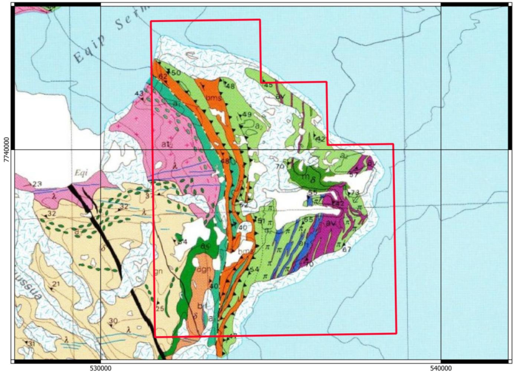 Geological map of the Eqi area with a red licence-style outline, ice and labelled rock units