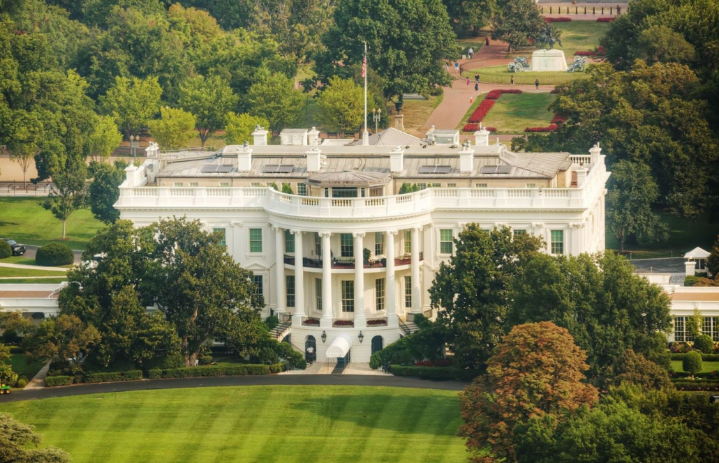 Aerial view of the White House and South Lawn in Washington, D.C.